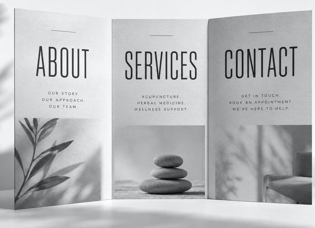 A folded three-panel brochure with the headings About, Services and Contact