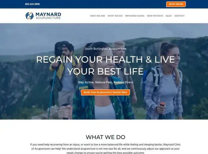 Existing Maynard Clinic of Acupuncture homepage: stock lifestyle photography above conventional service categories.