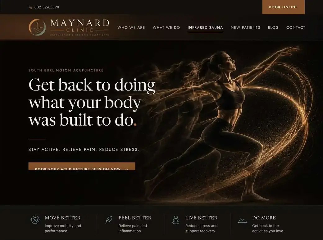 Concept redesign of the Maynard Clinic homepage: a dark hero reading Get back to doing what your body was built to do, an anatomical motion graphic, and a section on how pain changes what you say yes to.