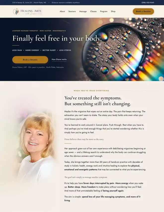 Concept redesign for Healing Arts with Diane: a warm, personal layout built around the practitioner herself.