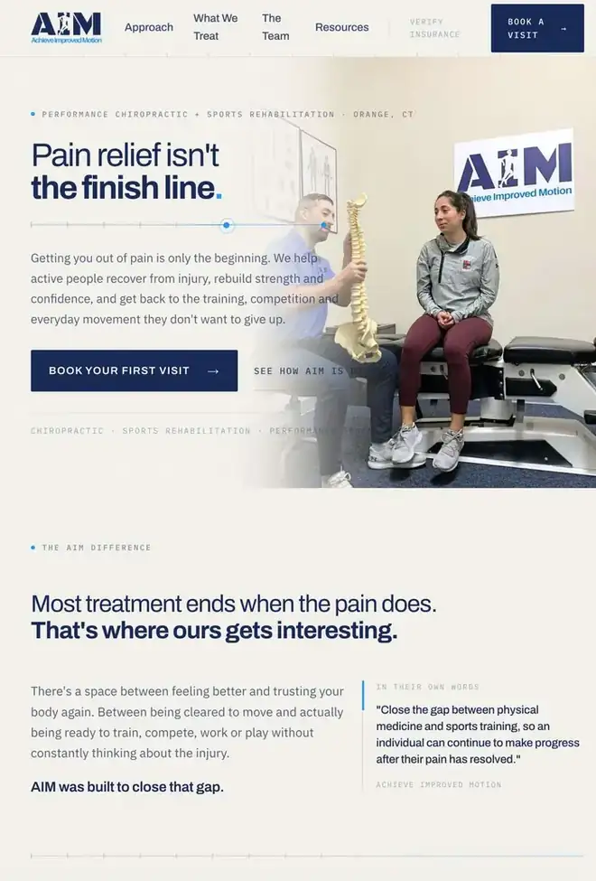 Concept redesign for Achieve Improved Motion: a precise, athletic layout reading Pain relief isn't the finish line.