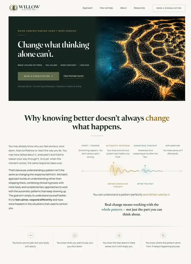 Concept redesign for Willow Mind and Body: a dark layout reading Change your thinking, change your life, beside a diagram of a thought pattern.